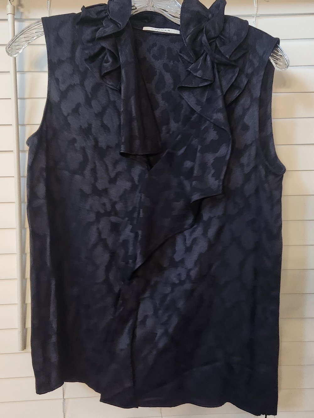 Tahari Dark Navy Ruffle Front Sleeveless Blouse